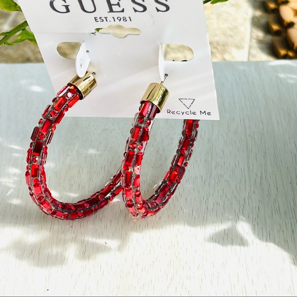 🌟🌟SOLD GUESS large hoop funky ENCRUSTED CRYSTAL BEADED earrings quirky RED a G - Picture 3 of 8